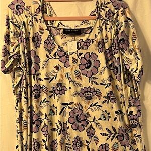 Lane Bryant Cream and Purple Ruched Floral Blouse